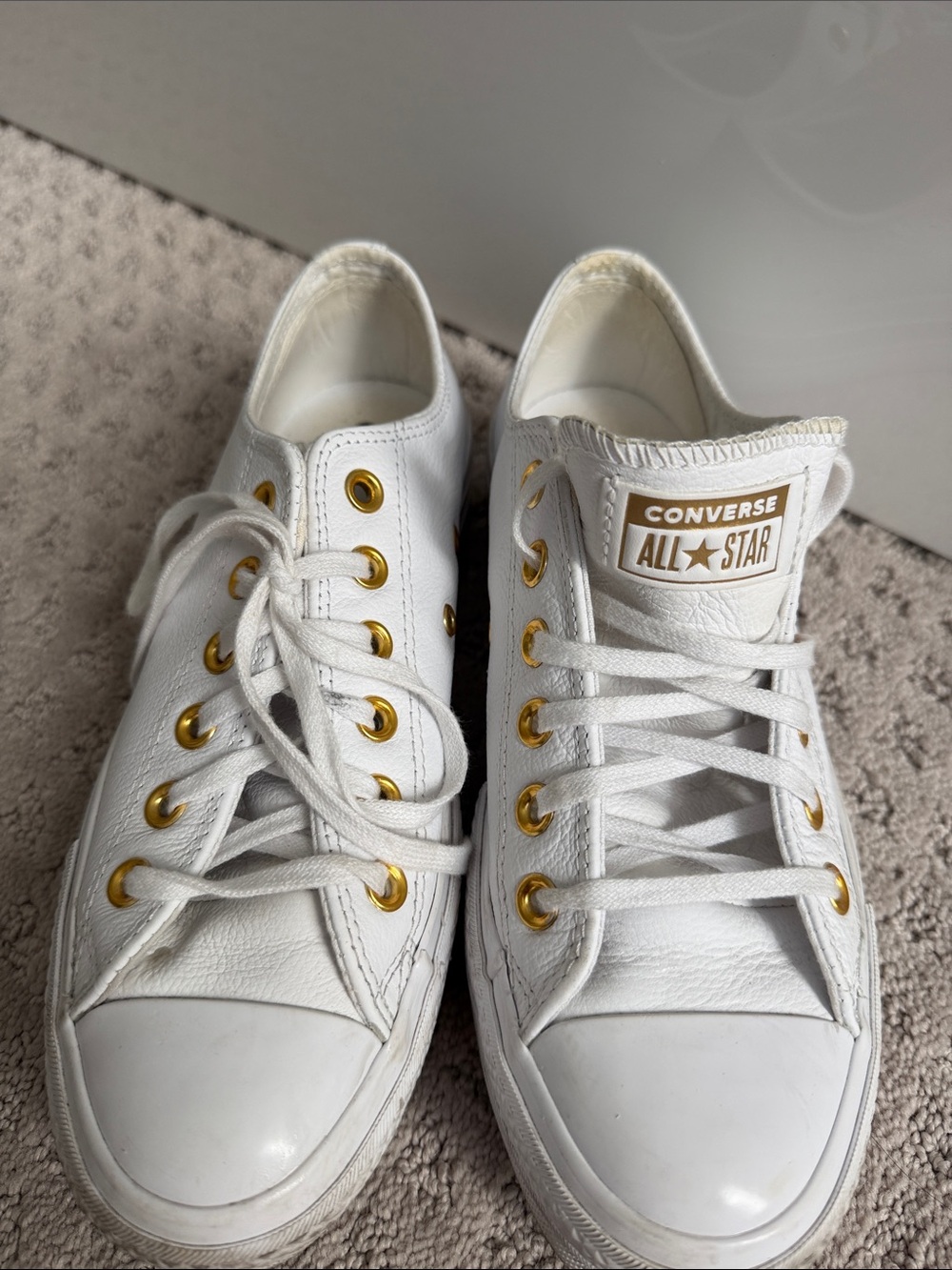 Converse All Star White Leather Low Top Platform Sneakers with Gold Eyelets